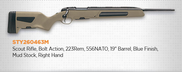 Steyr Arms, Scout Rifle, Bolt Action, 223Rem, 556NATO, 19" Barrel, Blue Finish, Mud Stock, Right Hand